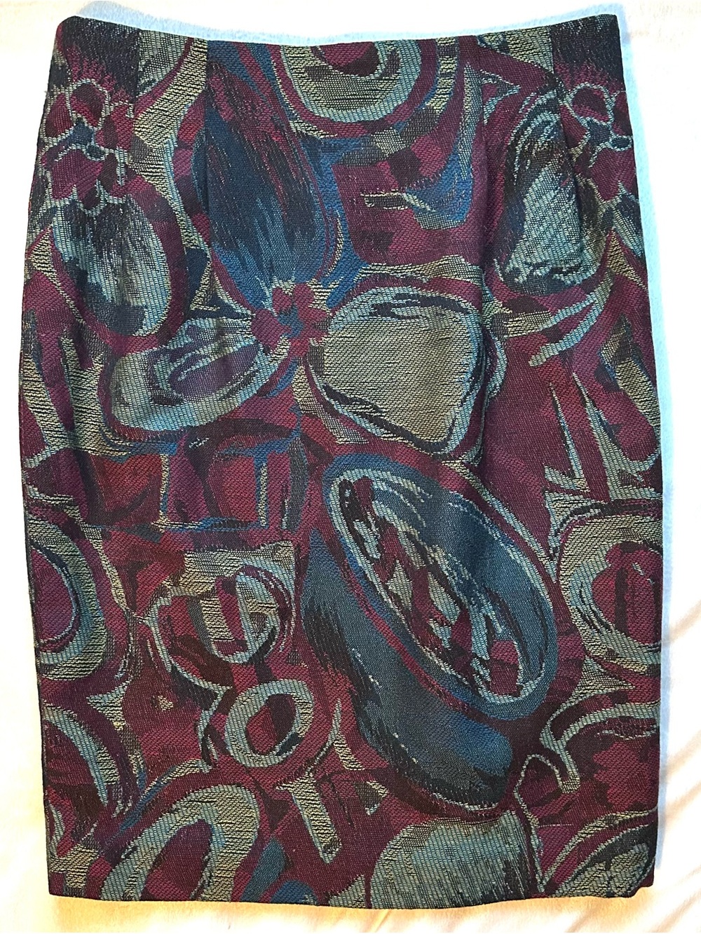 Michii Moon for Sanyo Abstract Print Wool Pencil Skirt 14 maroon blue tapestry